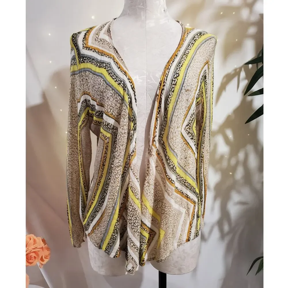 Nic+Zoe Womens Open Linen Blend Cardigan Size PL Zig Zag Stripe Artsy Boho Tan
